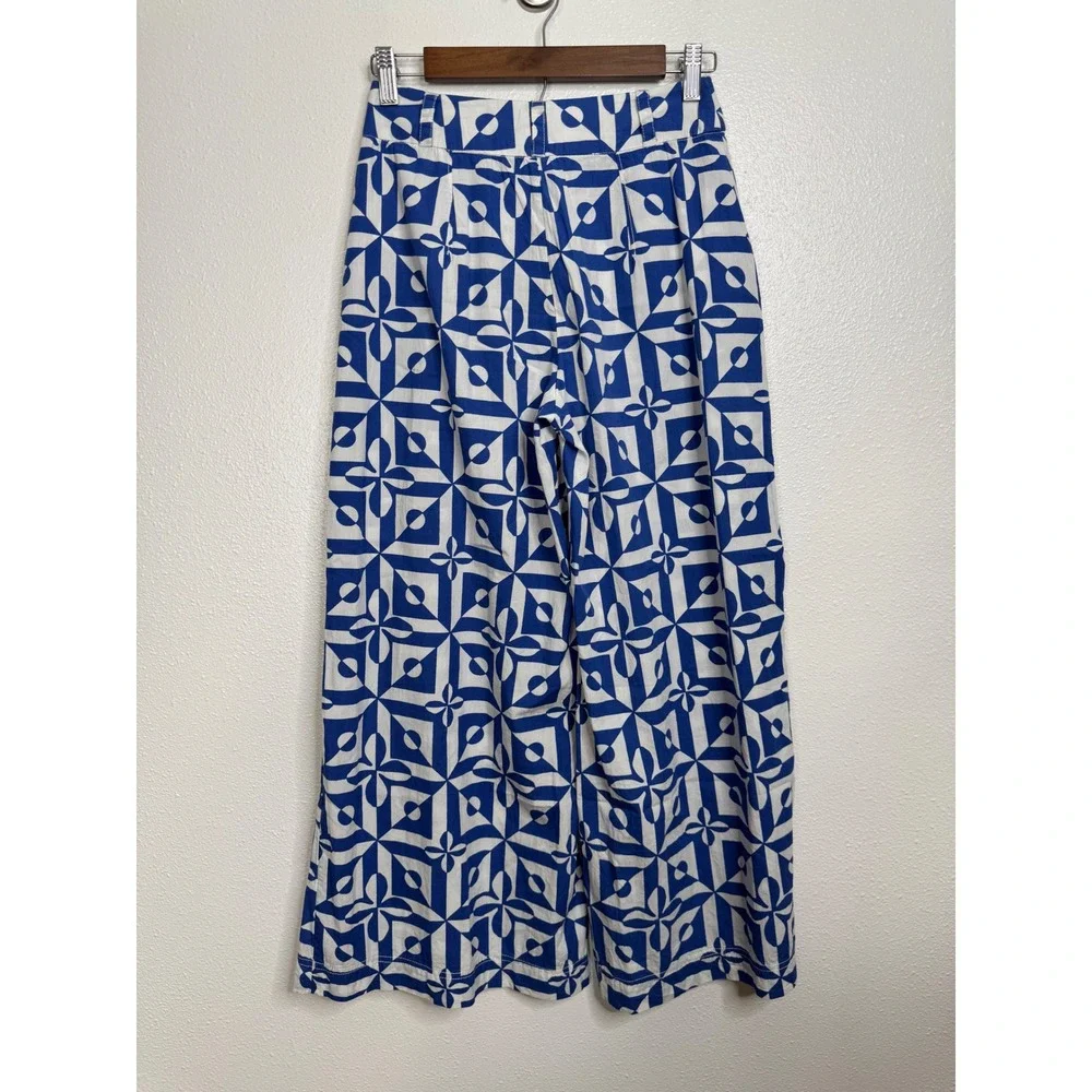 Free People‎ Blue White Geometric Tile Print Wide Leg Pants Women Size 0 Cotton